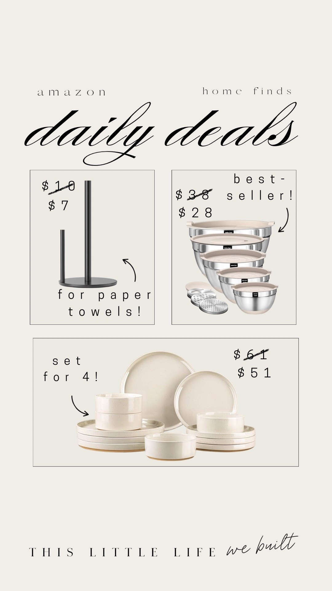 Amazon daily deals! 


Paper towel holder, plate set, dish set, mixing bowls, kitchen finds, Amazon home, affordable home 

#LTKSaleAlert #LTKHoliday #LTKGiftGuide