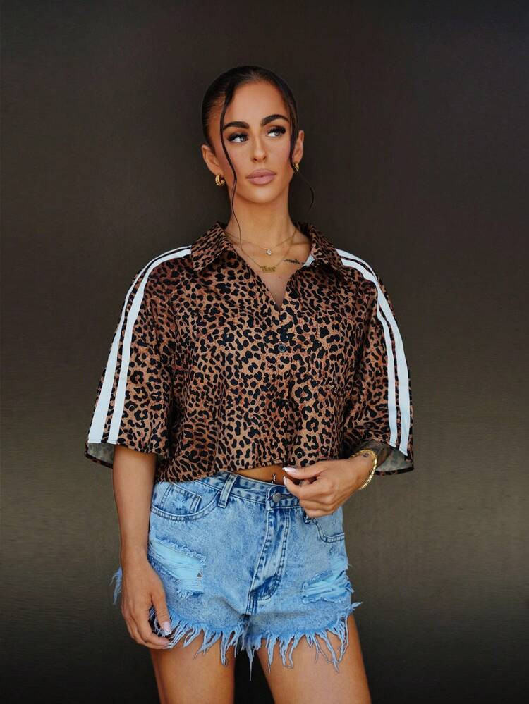 SAYEHFBABY Women's Summer Festival Couple Same Style Country Concert Sportswear Vintage Grunge Daily Wear Y2K Leopard Banded Texture Decoration Crop Shirts Polo Shirts For Women | SHEIN