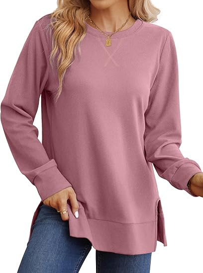 Saloogoe Sweatshirt for women Side Split Fall Fashion 2025 Long Sleeve Shirts Trending Now | Amazon (US)