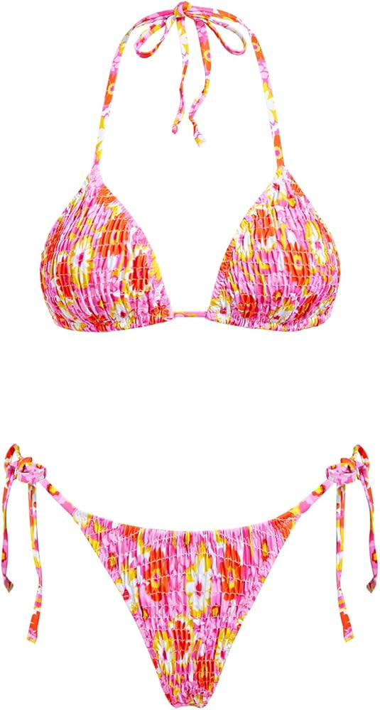 VOLAFA Women's Triangle Bikini Set String Swimsuit Print Tie Smocked Ruched Two Piece Bathing Sui... | Amazon (US)