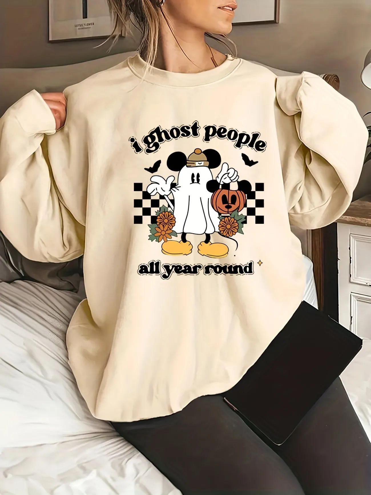 Plus Size Halloween Casual Sweatshirt, Women's Plus Graphic & Slogan Print Long Sleeve Round Neck... | Temu Affiliate Program