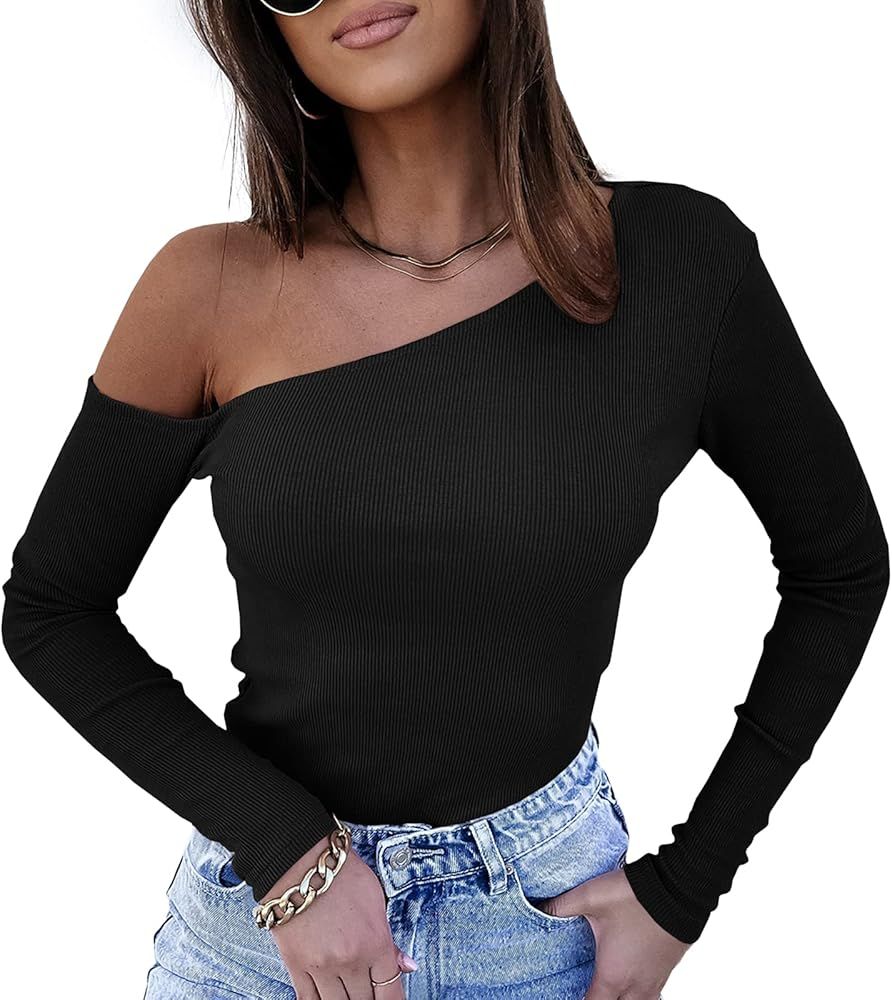 YOBECHO Women's Sexy Off Shoulder Long Sleeve Shirts Wrap Ribbed Knit Tops Fitted Blouse | Amazon (US)