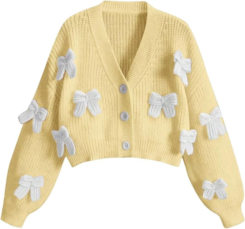 GORGLITTER Women's Cute Bow Cardigan Sweater Long Sleeve V Neck Button Down Pullover Top | Amazon (US)