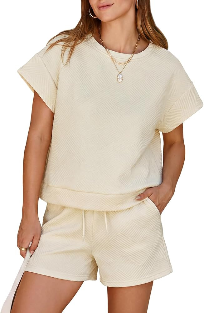 Dokotoo Women's 2 Piece Outfits Sweatsuit Casual Short Sleeve Pullover Tops and Drawstring Shorts... | Amazon (US)