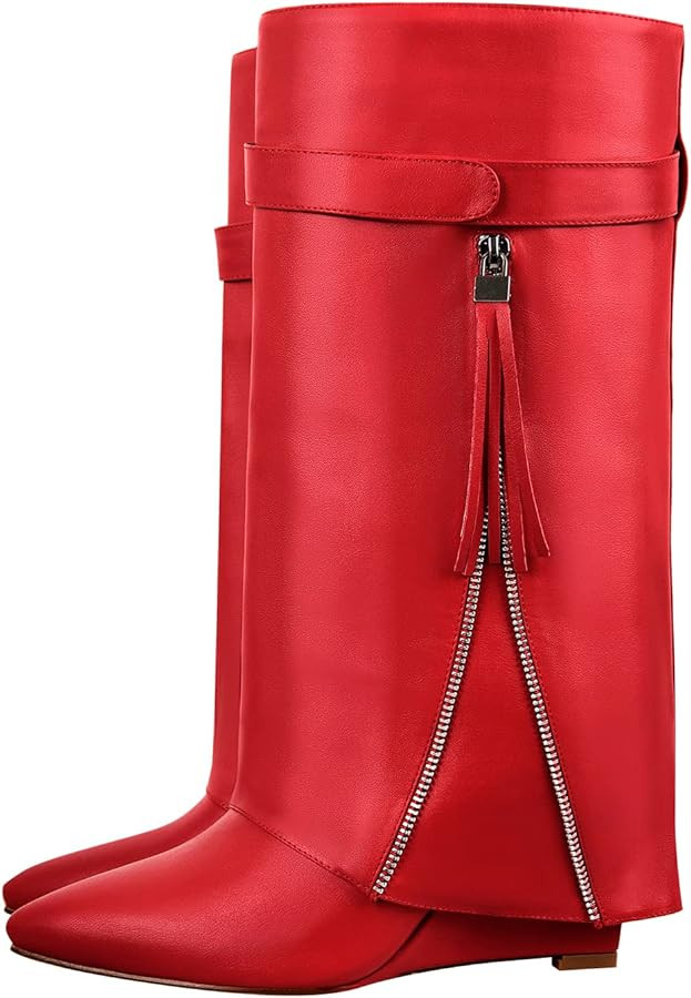 LISHAN Women's Knee High Fold over Wedge Heel Long Shark Boots Pull on Shoes | Amazon (US)