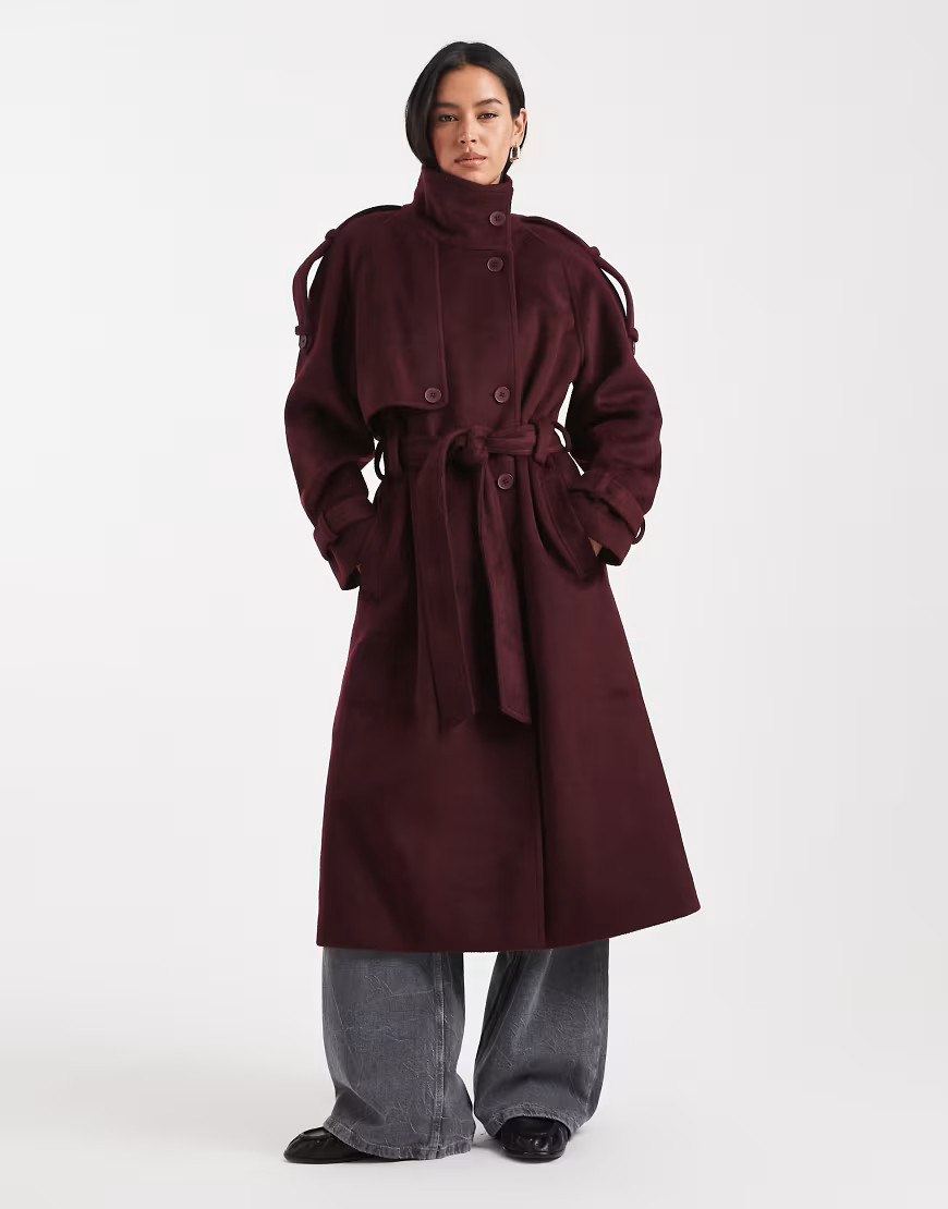 ASOS DESIGN – Eleganter Longline-Trenchcoat in Burgunderrot mit Stehkragen | ASOS (Global)