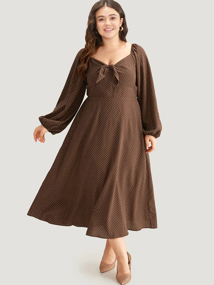 Polka Dot Knot Neck Lantern Sleeve Dress | Bloomchic