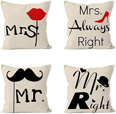 Ninkisann Mr and Mrs Pillow Covers, 4 Pack 18 X 18 Inch Couple Pillow Cases Personalized Wedding ... | Amazon (US)
