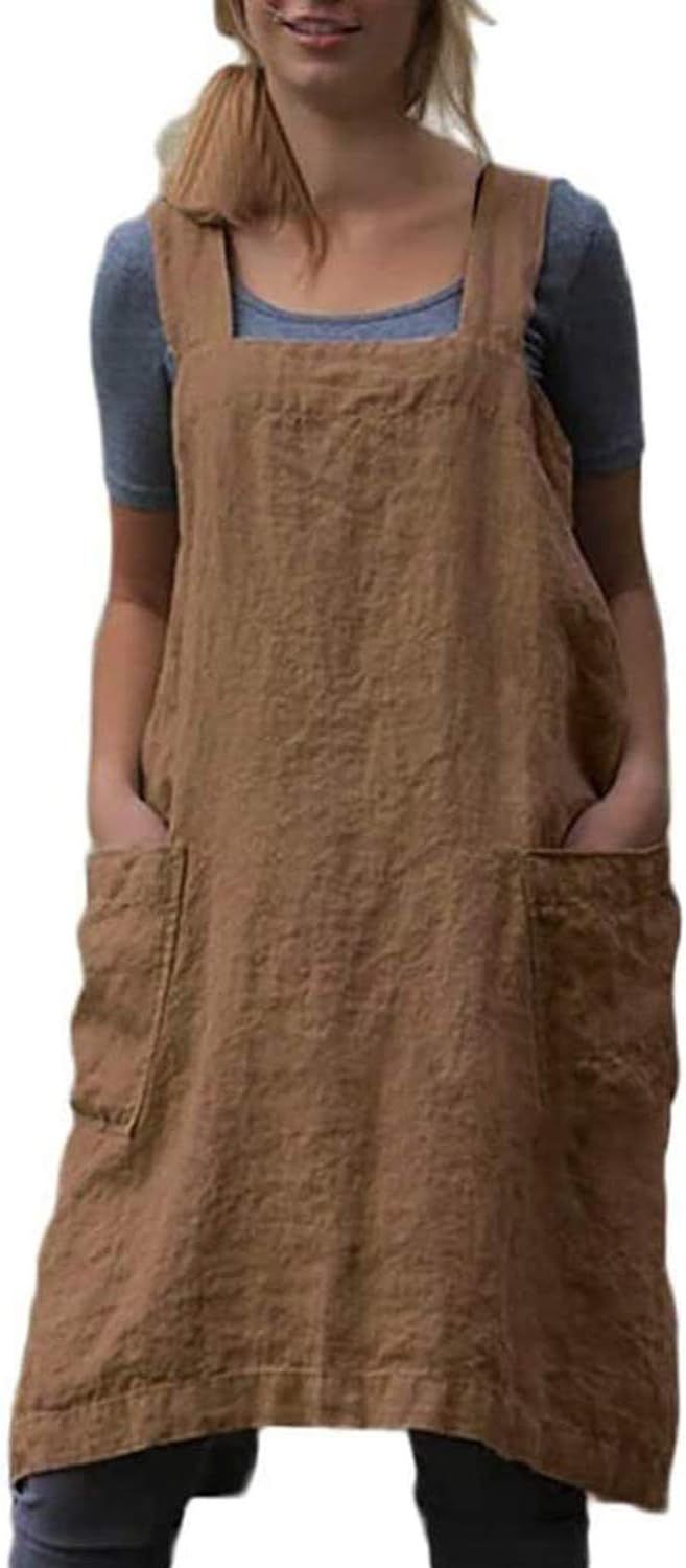 Cotton Linen Apron Cross Back Apron for Women with Pockets Pinafore Dress for Baking Cooking | Amazon (US)