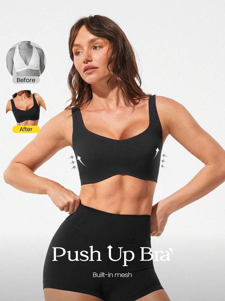 GLOWMODE FeatherFit™-Sculpt Push-Up Power Play Compressive Built-In Mesh Straps Removable Cups V-Back Demi Sports Bra Medium Impact Running Jogging Workout Gym Training Active  Spring Summer | SHEIN