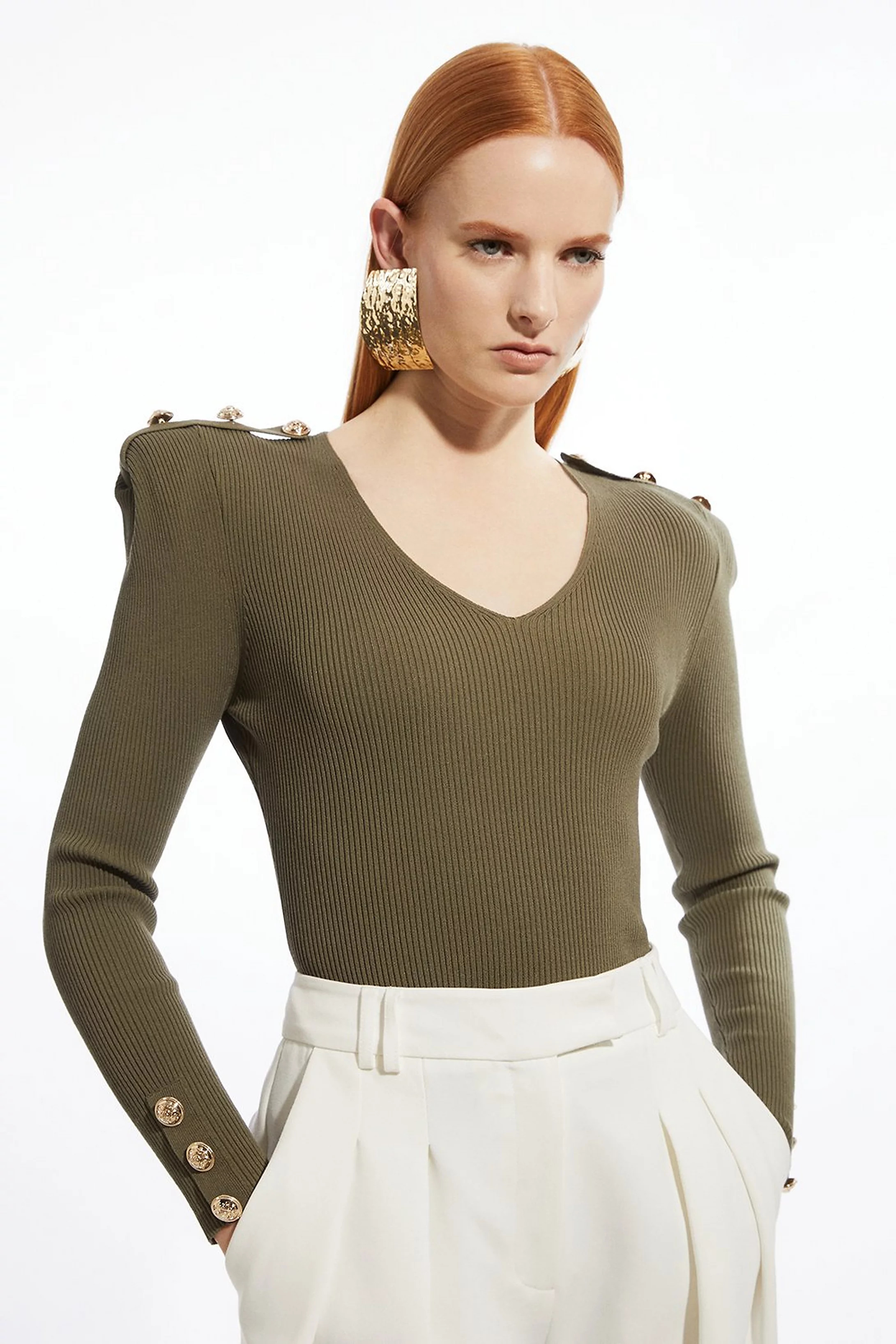 Viscose Blend Dry Handle Rib V Neck Military Trim Knit Top | Karen Millen US