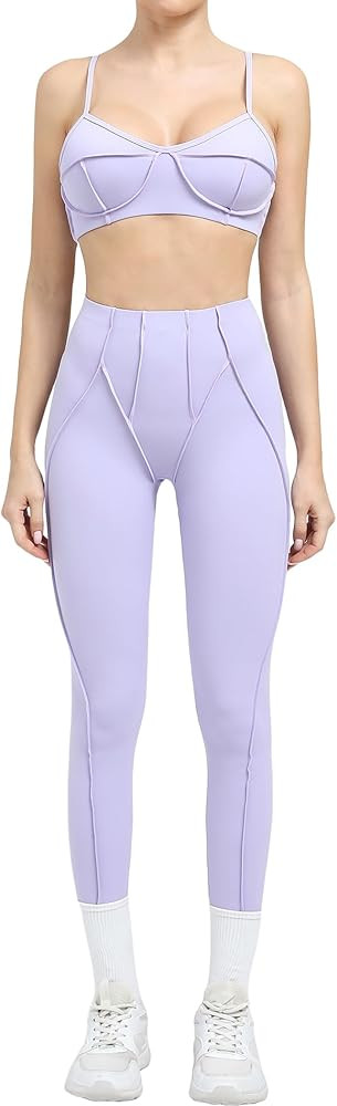 ABOCIW Two Piece Workout Sets for Women Contouring Seams Sports Bras High Waist Leggings 2 Piece ... | Amazon (US)
