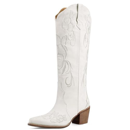 VOZTOLLS Western Cowboy Boots for Women Knee High Tall Cowgirl Boots Pointed Toe Chunky Heel Retro Flower Embroidered Dress Long Boot for Party Wedding White Size 9.5 | Amazon (US)
