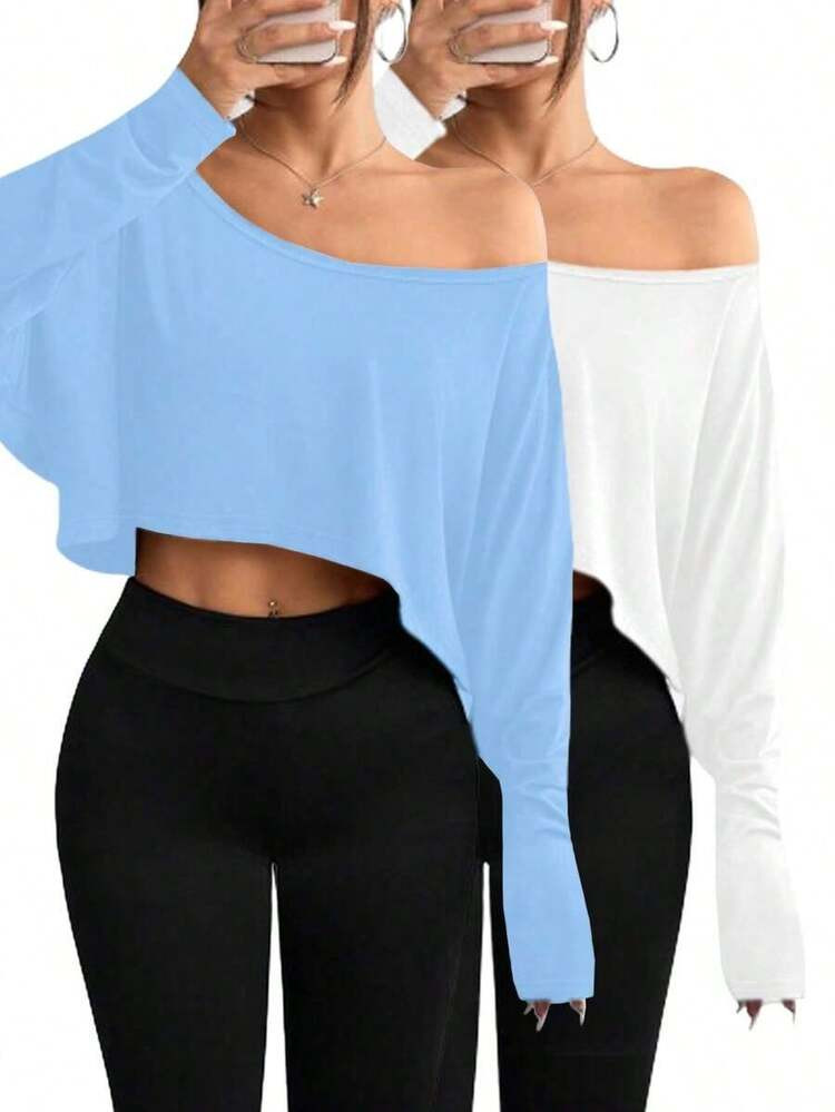2pcs Women Off Shoulder T-Shirts, Loose Casual Tops, Everyday & Homewear Set, Autumn/Winter Spring | SHEIN
