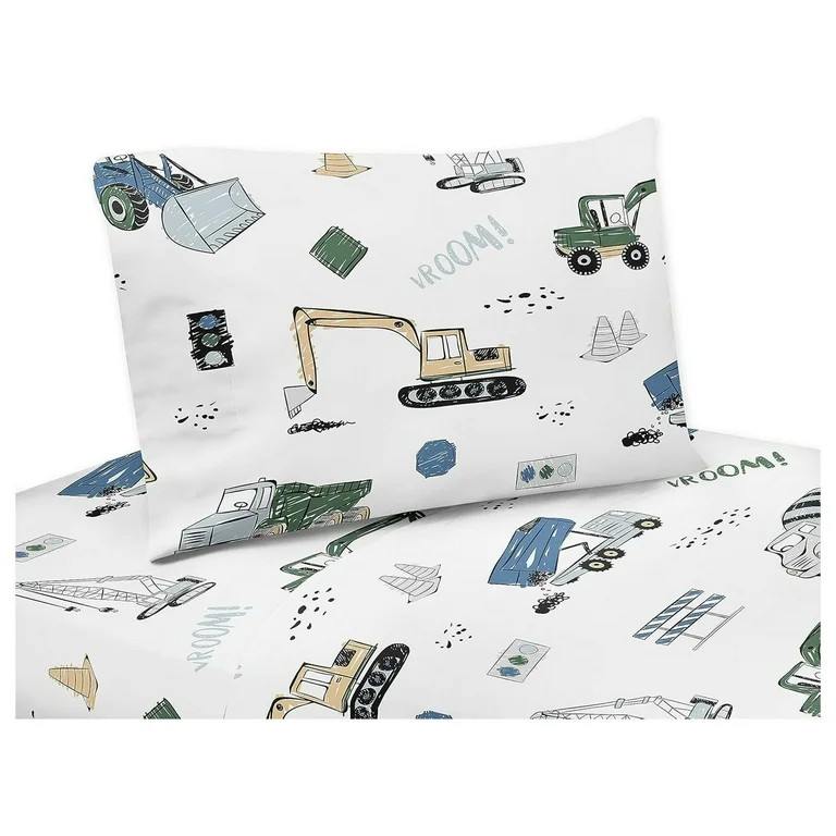 Construction Truck Twin Sheet Set - 3 Piece Set - Grey Yellow Black Blue and Green Transportation | Walmart (US)
