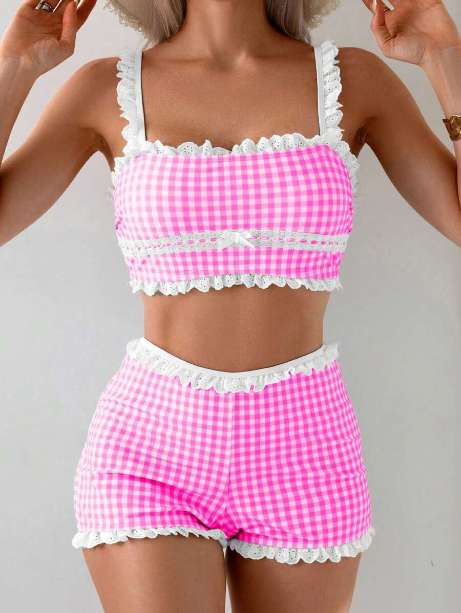 2pcs Women Green Plaid Random Floral Print Bow Neck Top Ruched Hem & Waist, Shorts Casual Cute Mi... | SHEIN