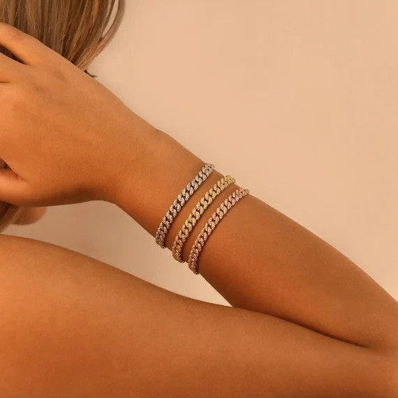 6mm CZ Pave Cuban Adjustable Bracelet Solid Sterling Silver - Etsy | Etsy (US)