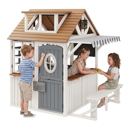 Albott Outdoor Wooden Playhouse with Kitchen Playset, Backyard Cottage Playhouse for Kids with Bench, Awning, Chalkboard, Pet Door and Dutch Door, Pretend Play House for Boys and Girls Ages 3-8 | Amazon (US)
