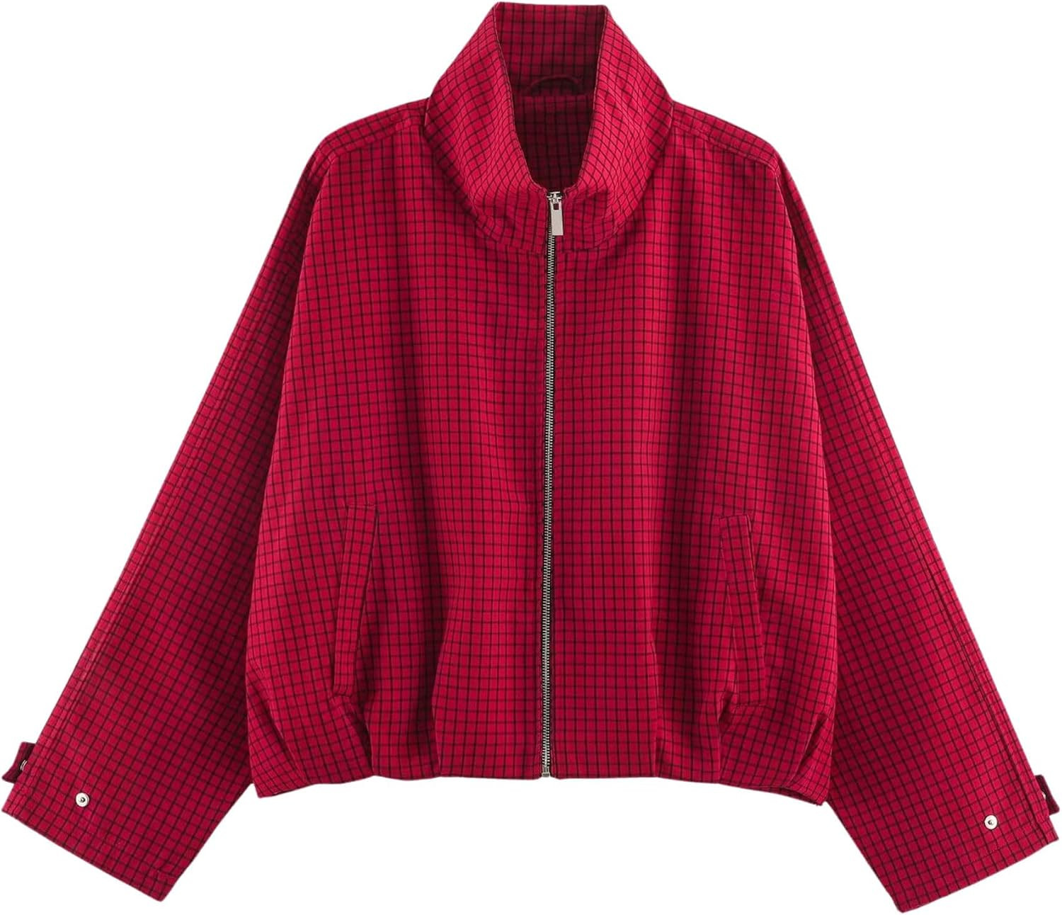 Xunger Women’s Plaid Bomber Jacket High Collar Long Sleeve Full Zip Coat | Amazon (US)