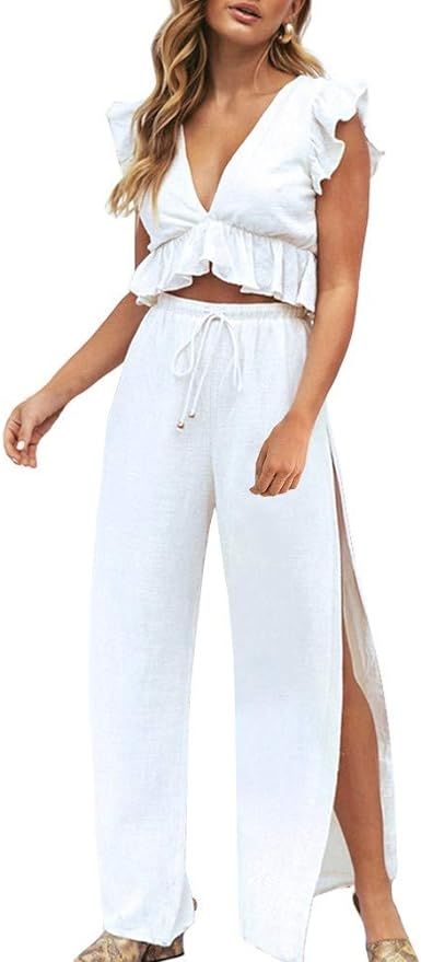 FANCYINN Womens 2 Pieces Outfits Deep V Neck Crop Top Side Slit Drawstring Wide Leg Pants Set Jumpsu | Amazon (US)