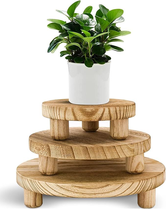 3 Packs Wooden Plant Stool, Wooden Plant Stand, Round Decorative Flower Shelf Plant Pot Riser Hol... | Amazon (US)