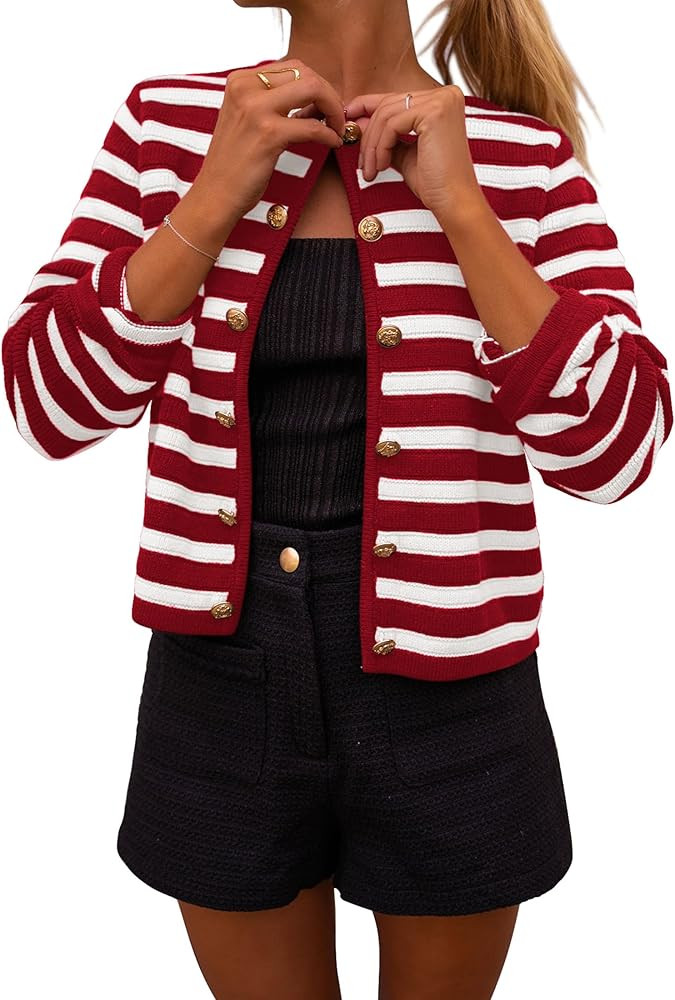 PRETTYGARDEN Women's Striped Cardigan Sweaters Ribbed Knit Long Sleeve Open Front Crewneck Casual... | Amazon (US)