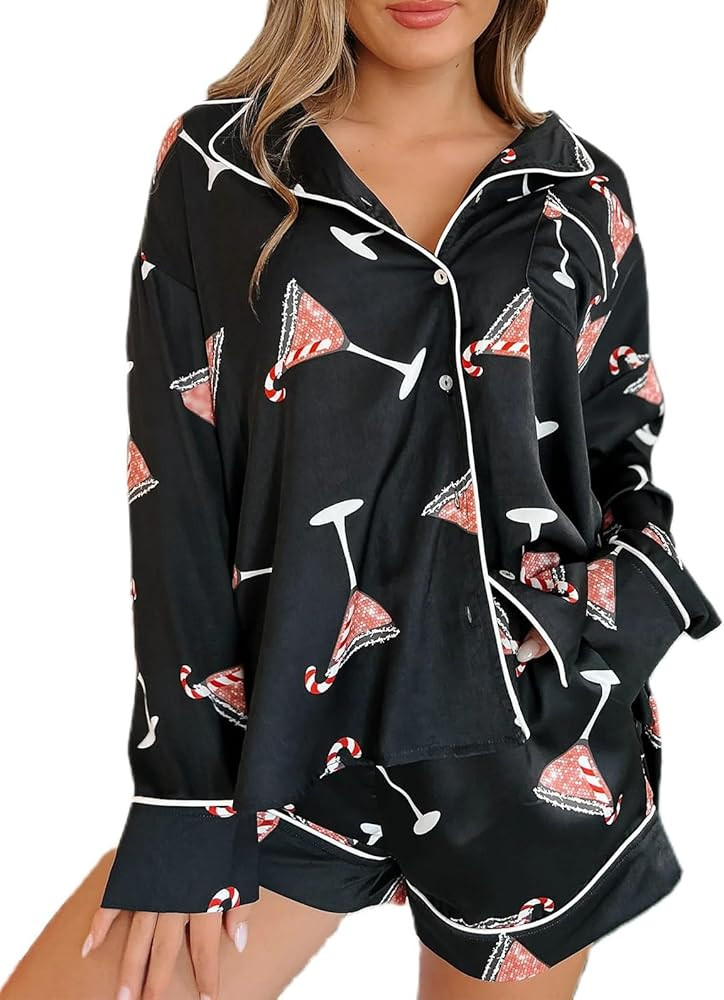 UAURORAO Women Christmas Cartoon Satin Shorts Set Long Sleeve Cute Print Button Down Shirts Color... | Amazon (US)