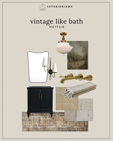 Vintage like bathroom from Wayfair, arched mirror, black vanity, travertine, Zelig tile, bathroom, lighting, booty art, brass wall, plumbing, double wall, sconce, affordable, rug, runner, bath towels

#LTKStyleTip #LTKHome #LTKSaleAlert