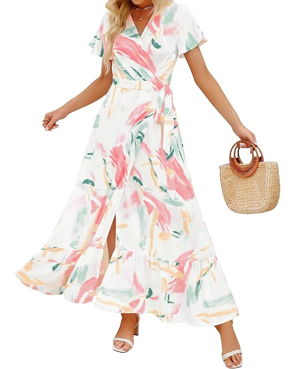 ZESICA Women's 2024 Bohemian Floral Printed Wrap V Neck Short Sleeve Split Beach Party Maxi Dress | Amazon (US)