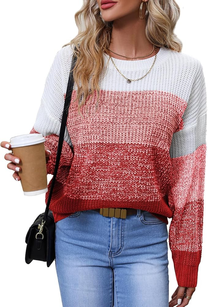 Women's Striped Color Block Sweater Long Sleeve Crewneck Casual Loose Fit Soft Knit Sweater Pullo... | Amazon (US)