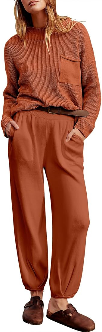 ANRABESS Women's Two Piece Outfits Long Sleeve Knit Top Fall Sweater Set Oversized Pants Tracksui... | Amazon (US)