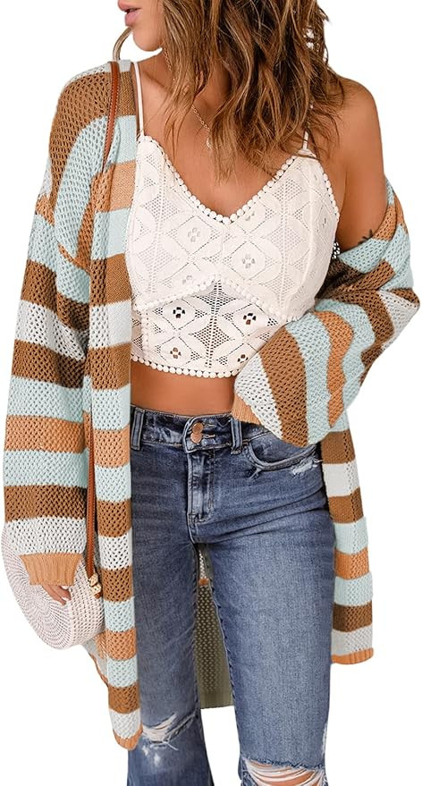 Dokotoo Womens Puff Long Sleeve Crochet Knit Cardigan Sweaters Color Block Kimono Open Front Coat... | Amazon (US)