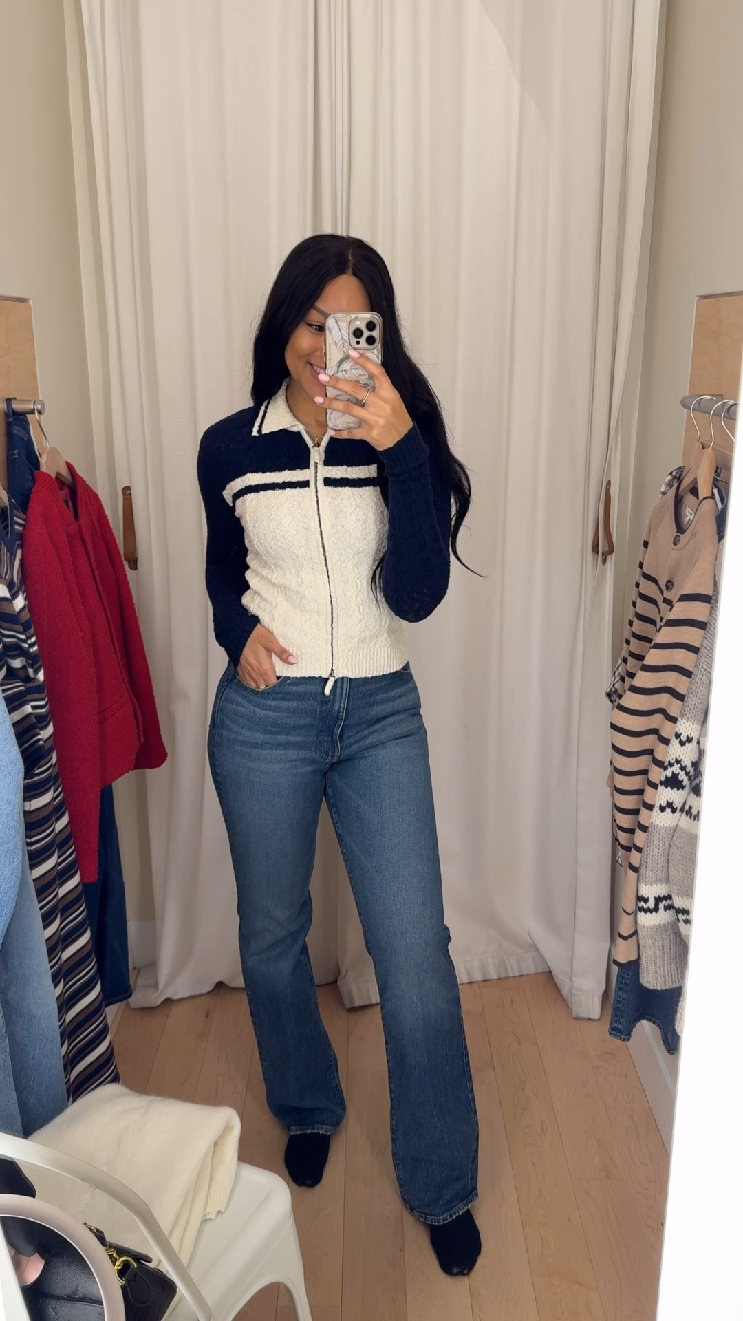 Cute casual winter outfits 🤍 wearing XXS in cable knit cardigan (sizes selling FAST) and 27 Tall in relaxed bootcut jeans 

Madewell, full zip cardigan, terry cloth, winter outfits women, comfy, colorblock, denim 

#LTKootd