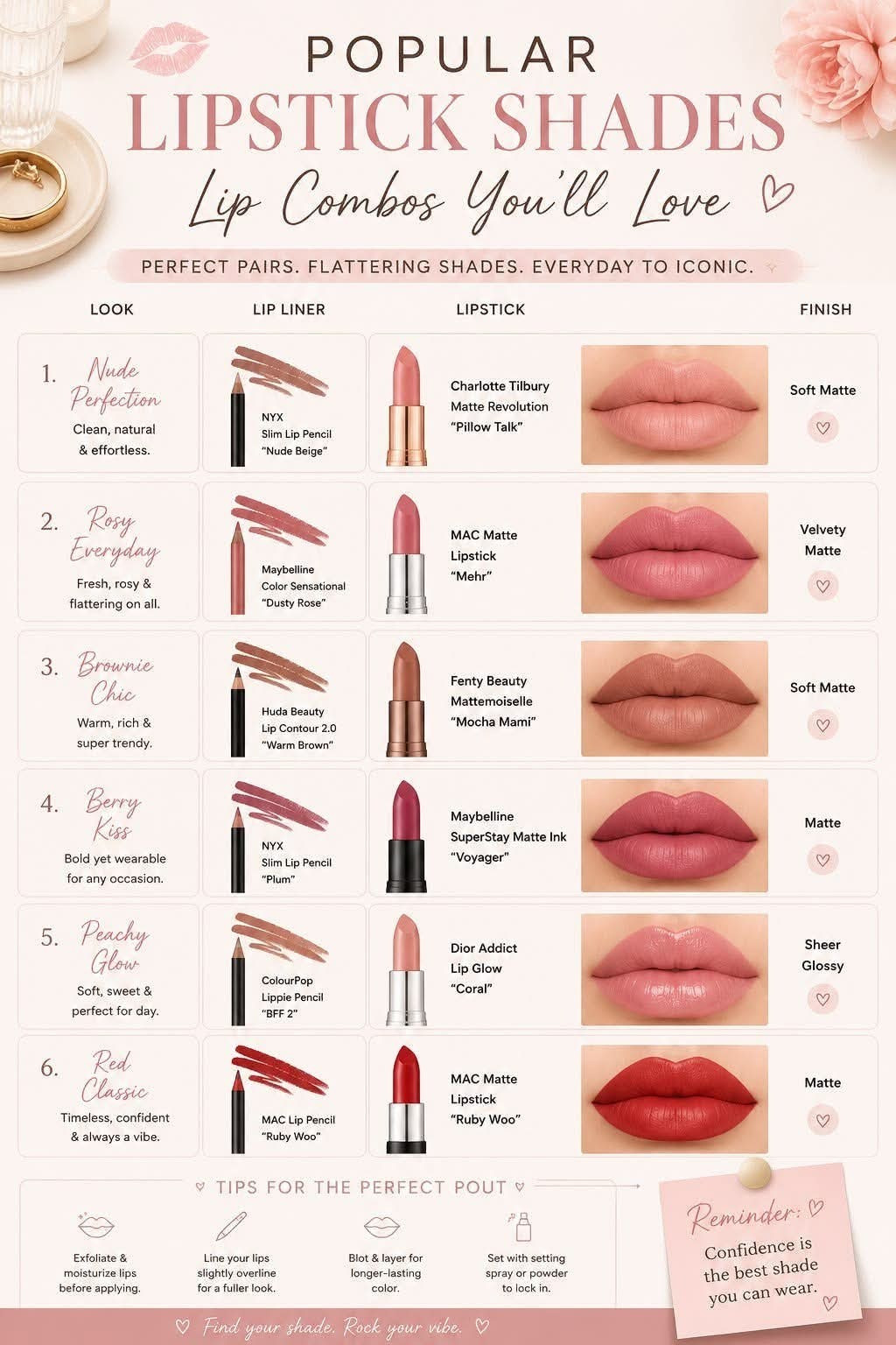 Your perfect lip combo really can change the whole look. 💋

I came across this roundup of popular lipstick + lip liner combinations, and there are some great pairings here—from effortless everyday nudes to a classic red.

A few that caught my eye:

🤎 Nude Perfection — NYX Slim Lip Pencil in Nude Beige + Charlotte Tilbury Matte Revolution in Pillow Talk
A timeless, softly defined nude that works beautifully for an elevated everyday look.

🌹 Rosy Everyday — Maybelline Color Sensational in Dusty Rose + MAC Mehr
A pretty rosy combination when you want color without feeling too “done.”

🤎 Brownie Chic — Huda Beauty Lip Contour 2.0 in Warm Brown + Fenty Beauty Mocha Mami
Warm, rich and very current. Brown-toned lips are such a beautiful way to add definition while keeping the look sophisticated.

🍷 Berry Kiss — NYX Slim Lip Pencil in Plum + Maybelline SuperStay Matte Ink in Voyager
For when you want something a little bolder while still being completely wearable.

🍑 Peachy Glow — ColourPop Lippie Pencil in BFF 2 + Dior Addict Lip Glow in Coral
Soft, fresh and perfect for a minimal makeup day.

❤️ Red Classic — MAC Lip Pencil in Ruby Woo + MAC Ruby Woo
You really can't go wrong with this iconic pairing. A defined red lip is timeless for a reason.

My professional makeup artist tip: the liner doesn't have to perfectly match your lipstick. I often use liner to shape, define, and subtly enhance the lips, then let the lipstick or gloss provide the actual color. A slightly deeper liner can also create beautiful dimension.

And always start with smooth, hydrated lips - lipstick will only look as good as the canvas underneath it.

✨ Which lip combo would you wear: nude, rosy, brown, berry, peach, or classic red?

I’ve linked the products/shades I could find on my LTK so you can shop the combinations and create your own perfect pout. 💋 

 #LTKmorningroutine #LTKselfcare #LTKBeauty