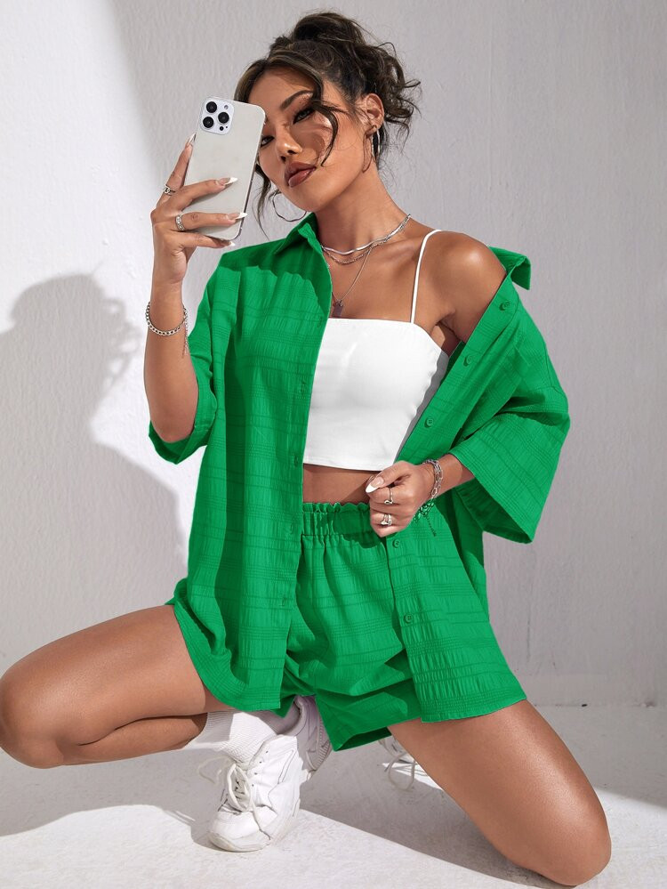 Flicken, Tasche, Drop Shoulder Bluse mit & Papiertüten Taille, Shorts | SHEIN