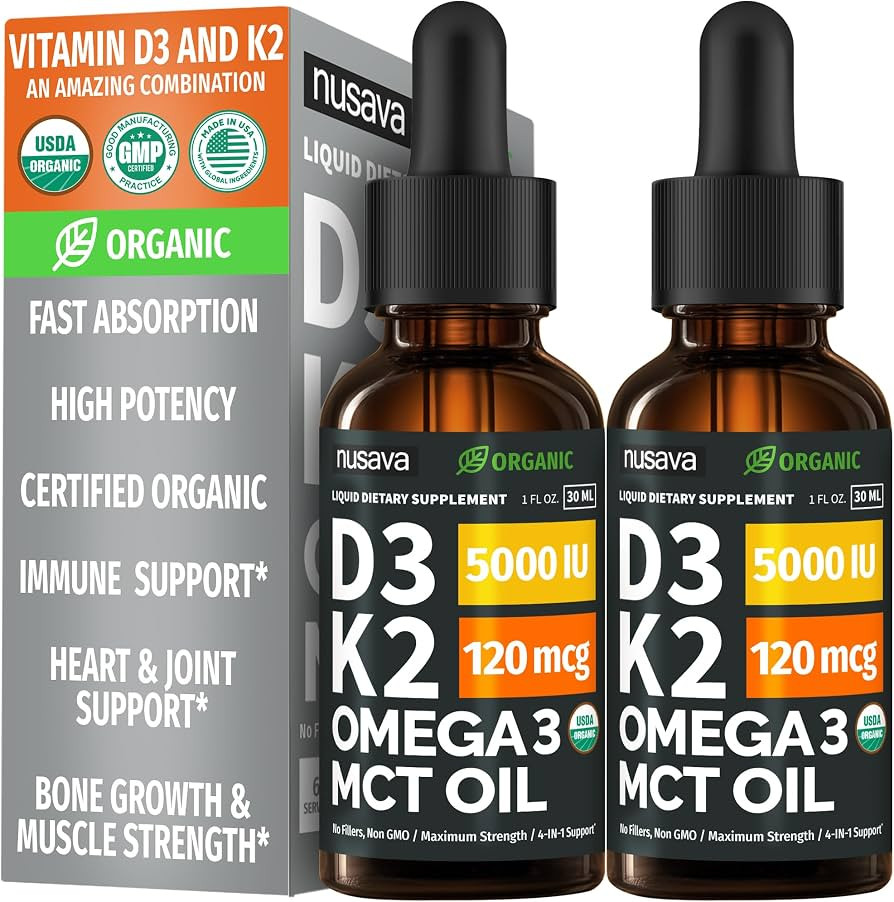 (2 Pack) Organic Vitamin D3 K2 Drops with MCT Oil & Omega 3 - Liquid Vitamin D3 5000 IU - K2 D3 V... | Amazon (US)