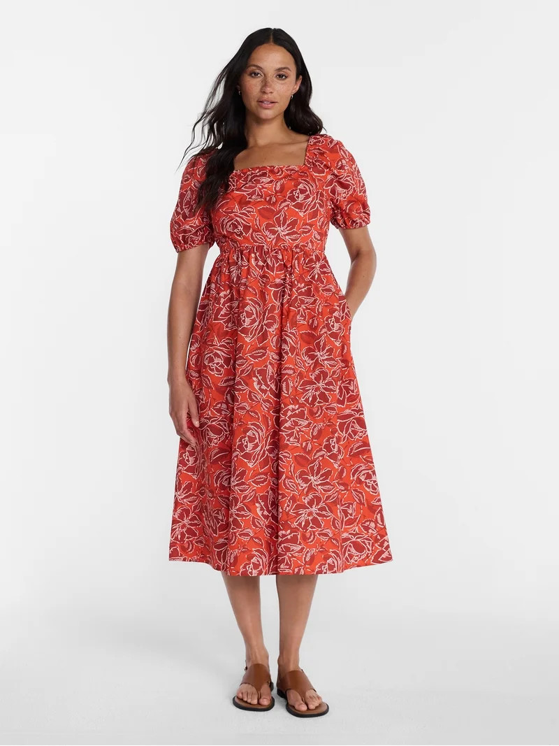 Time and Tru Women's and Women's Plus Cotton Back Tie Midi Dress with Short Puff Sleeves, Sizes X... | Walmart (US)