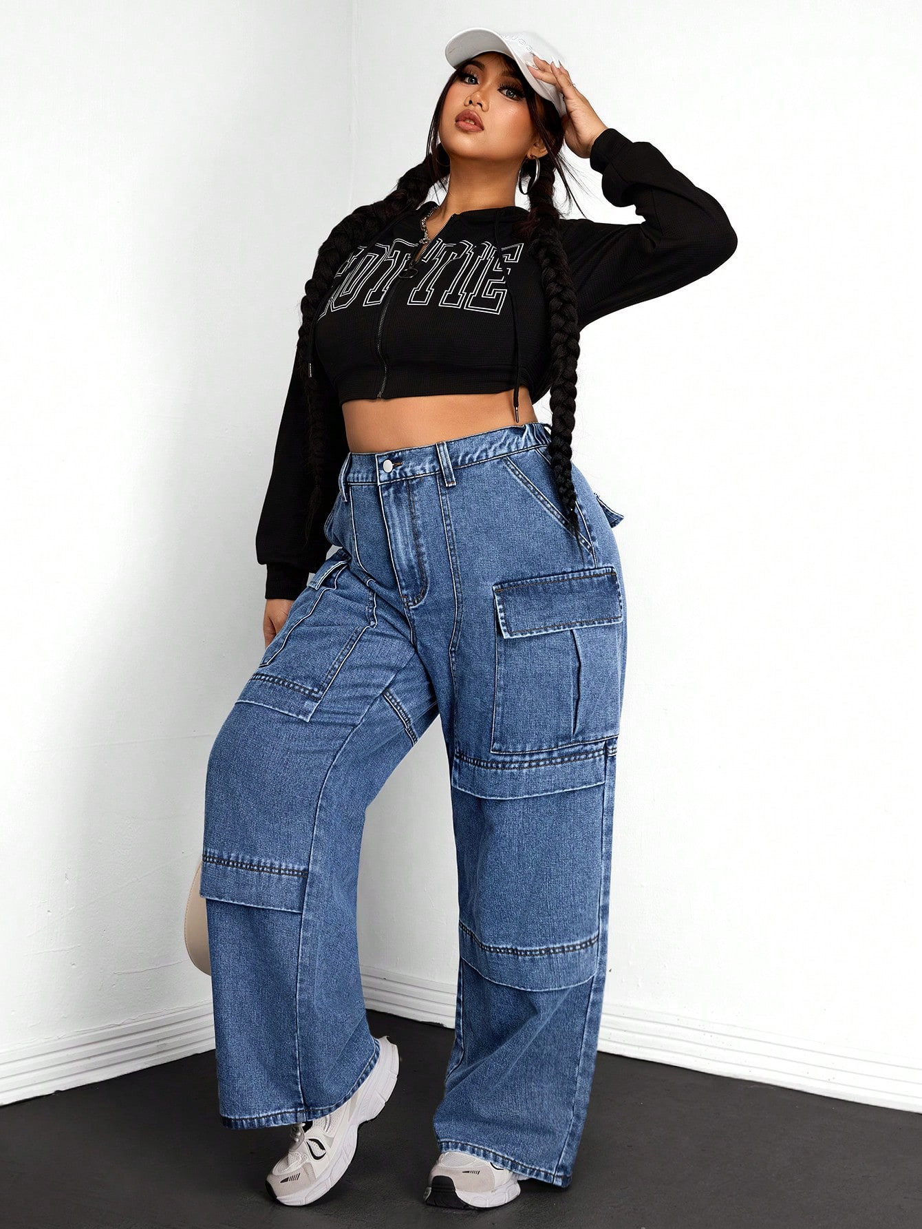 SHEIN EZwear Plus Size Casual Washed Wide-Leg Cargo Jeans | SHEIN USA | SHEIN