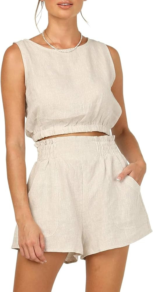 Eurivicy Women's 2pcs Summer Outfits Sleeveless Crop Tank Top and High Waist Pocketed Shorts Loos... | Amazon (US)