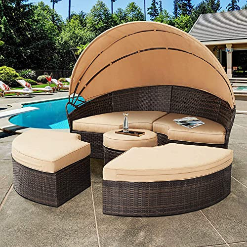 SOLAURA Outdoor Round Daybed, Patio Daybed with Retractable Canopy and Brown Wicker Patio Sectional  | Amazon (US)