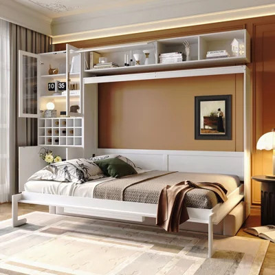 Queen Size Murphy Bed Wall Bed With Sofa , Shelves Usb & Light ,White | Wayfair North America