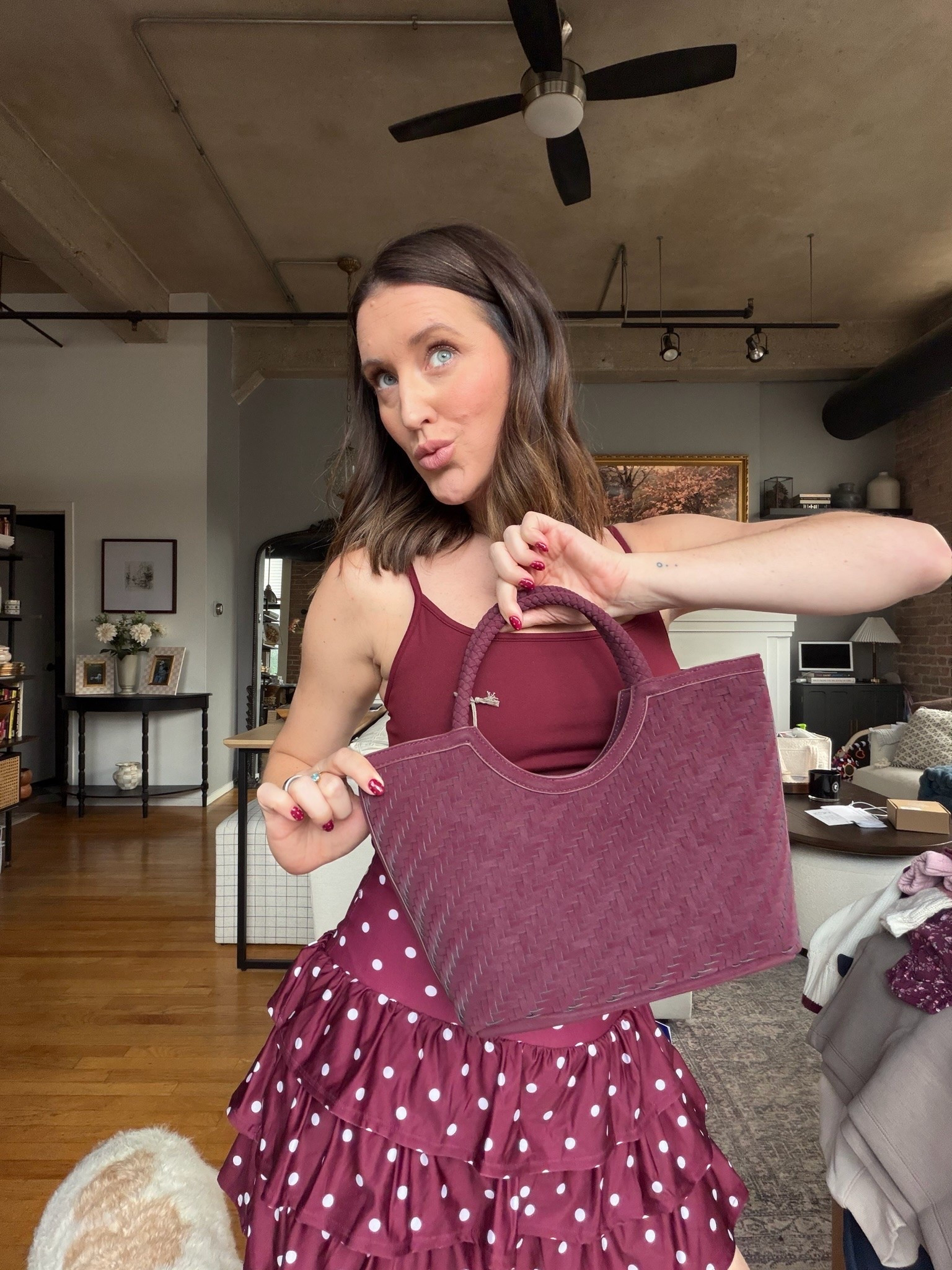 Cute game day fit from @Target the cami has a built in bra and the skirt has shorts underneath! Both pieces fit TTS. This bag is a favorite for fall, love the suede material