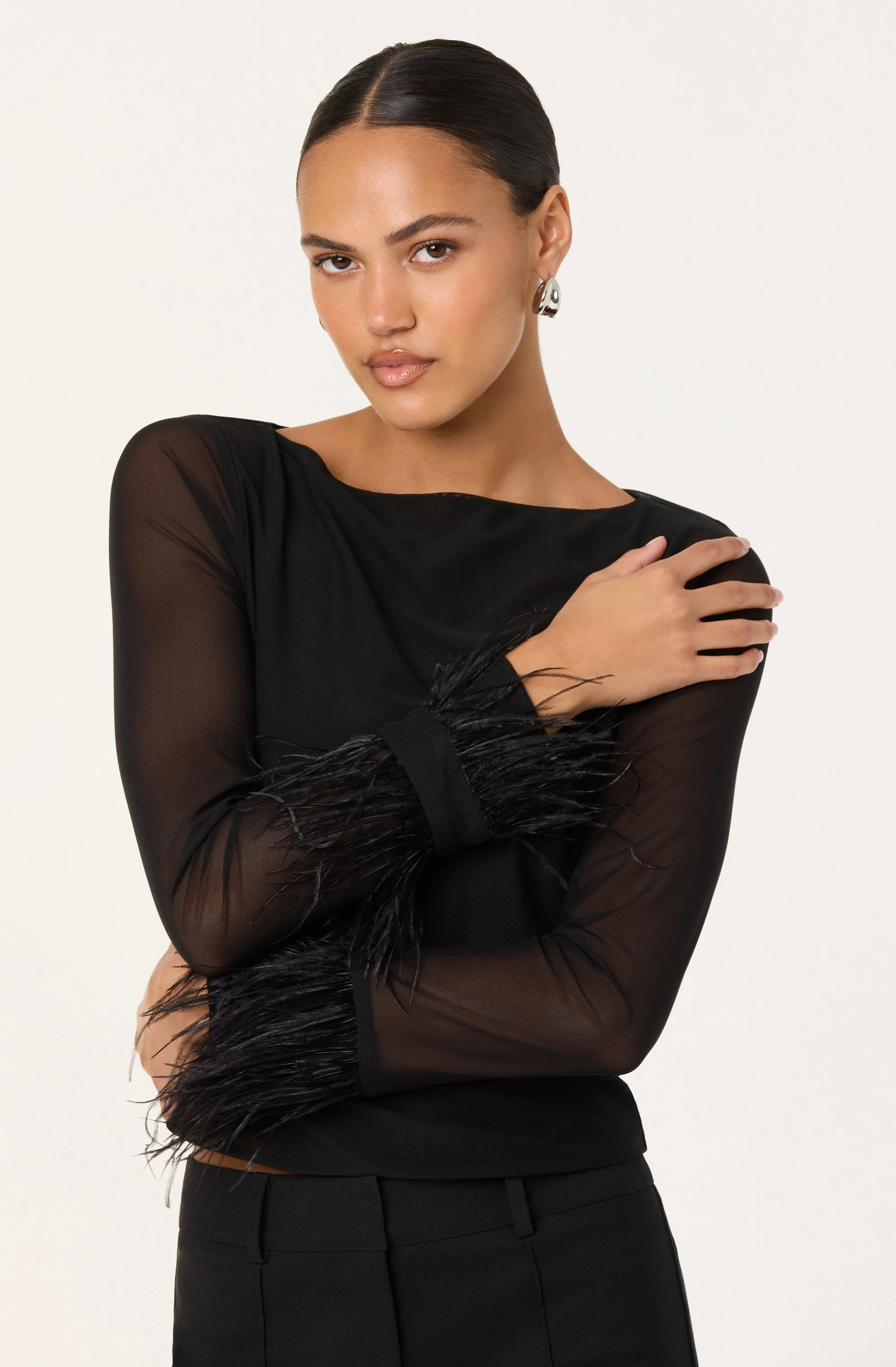 Brisa Mesh Feather Trim Top - Black / XS | ASTR The Label (US)