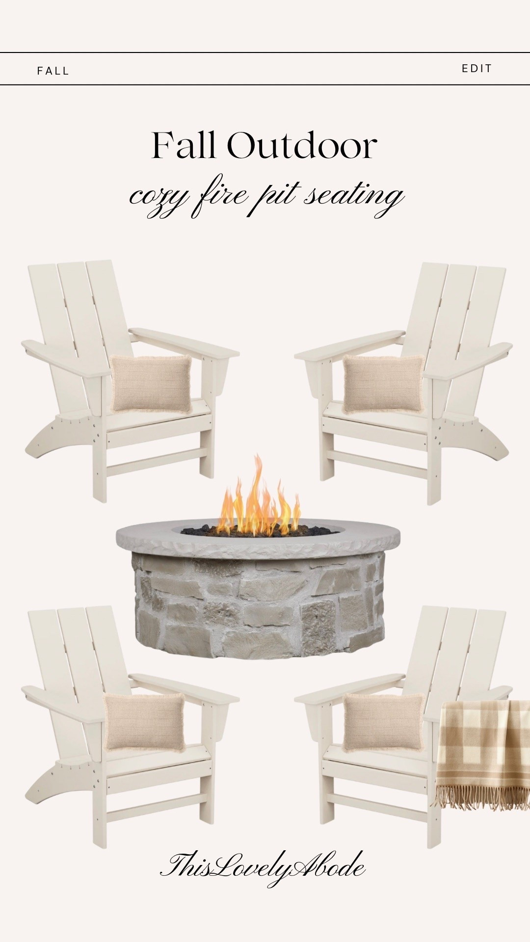Fall edit: cozy outdoor seating around the fire pit. 
#firepit #realflame #adirondackchairs #throwpillow #throwblanket @Real Flame @POLYWOOD @Target @Pottery Barn

#LTKHome #LTKSaleAlert #LTKSeasonal