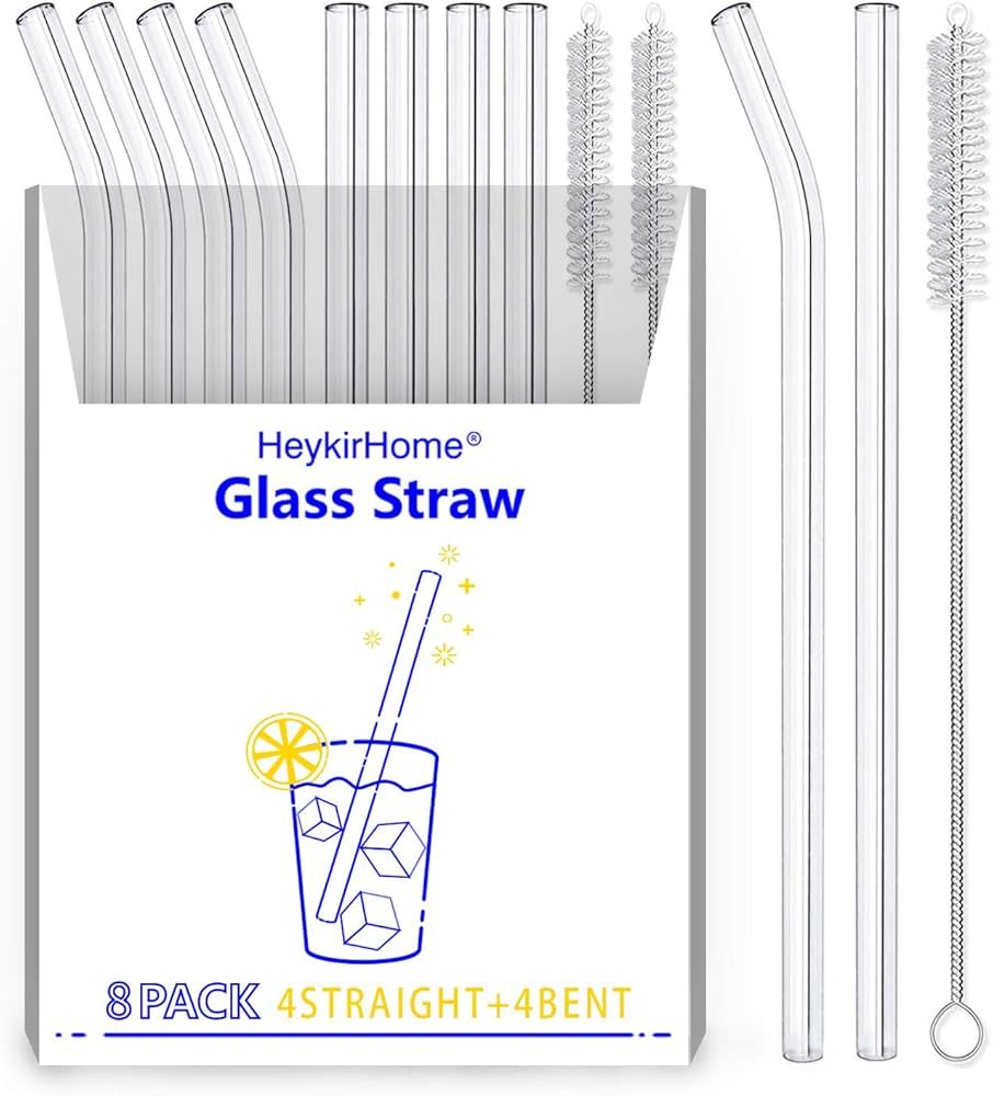 HeykirHome 8-Pack Reusable Glass Straw,Size 8.5''x10 MM,Including 4 Straight and 4 Bent with 2 Cl... | Amazon (US)