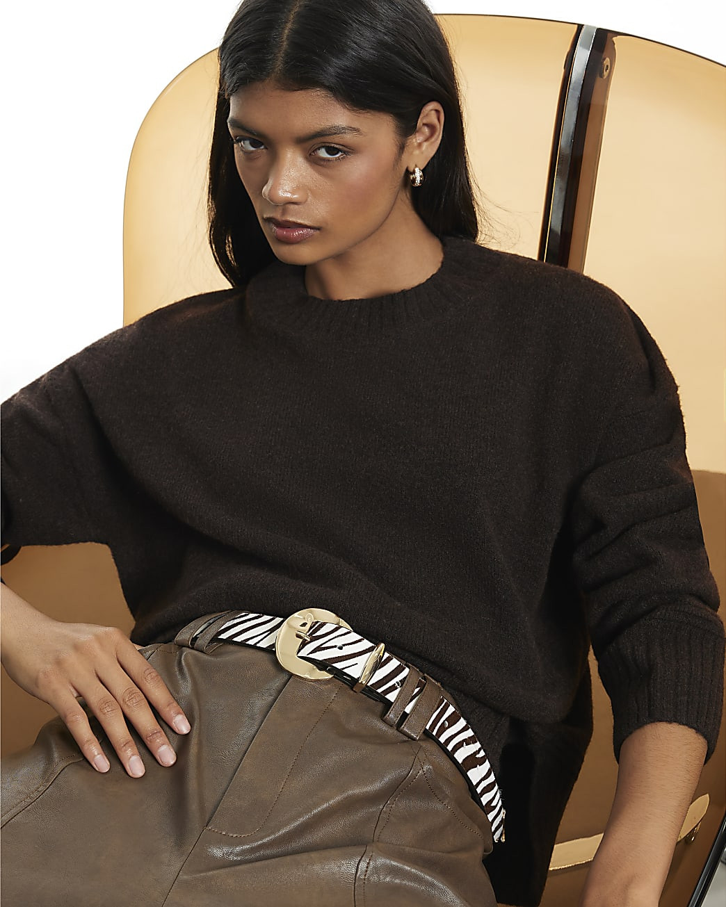 Brown Zebra Print Faux Hair On Leather Belt | River Island UK & IE