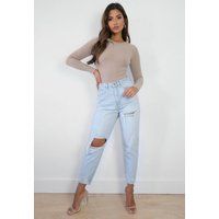 Light Blue Thigh Slash Open Knee Mom Jeans | Missguided (US & CA)