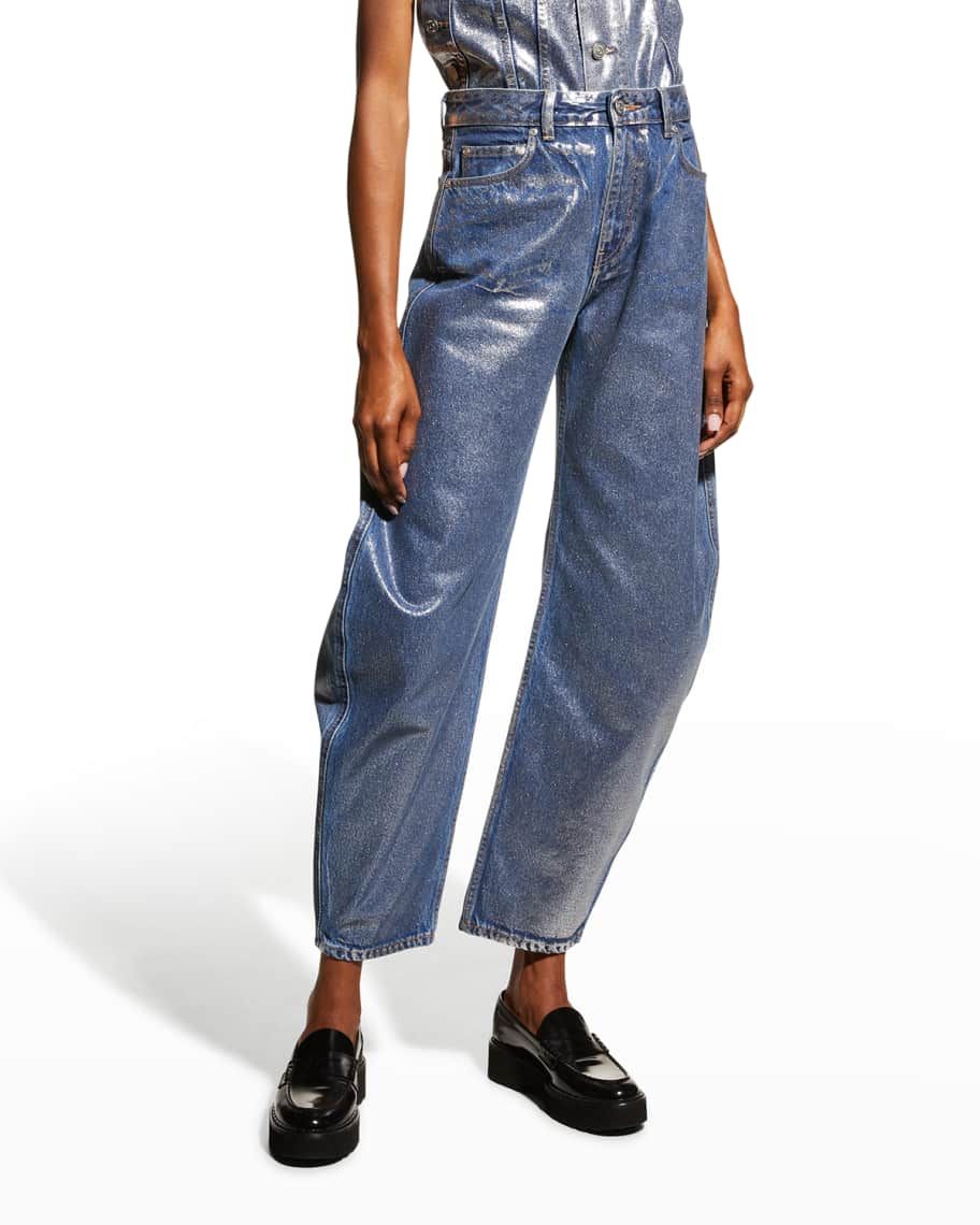 Ganni Silver Barrel-Leg Denim Jeans | Neiman Marcus