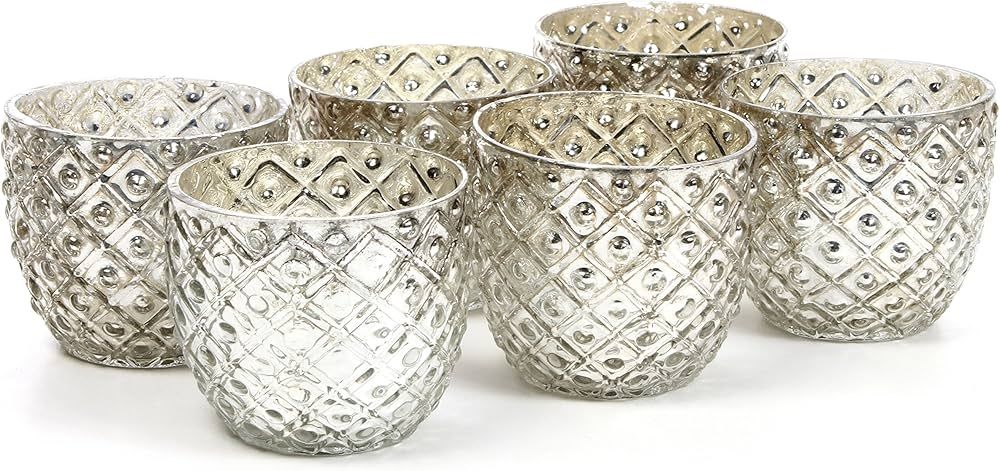 Hosley Set of 6 Metallic Antique Silver Glass Votive Tealight Farmhouse Candle Holder 2.75 Inch D... | Amazon (US)