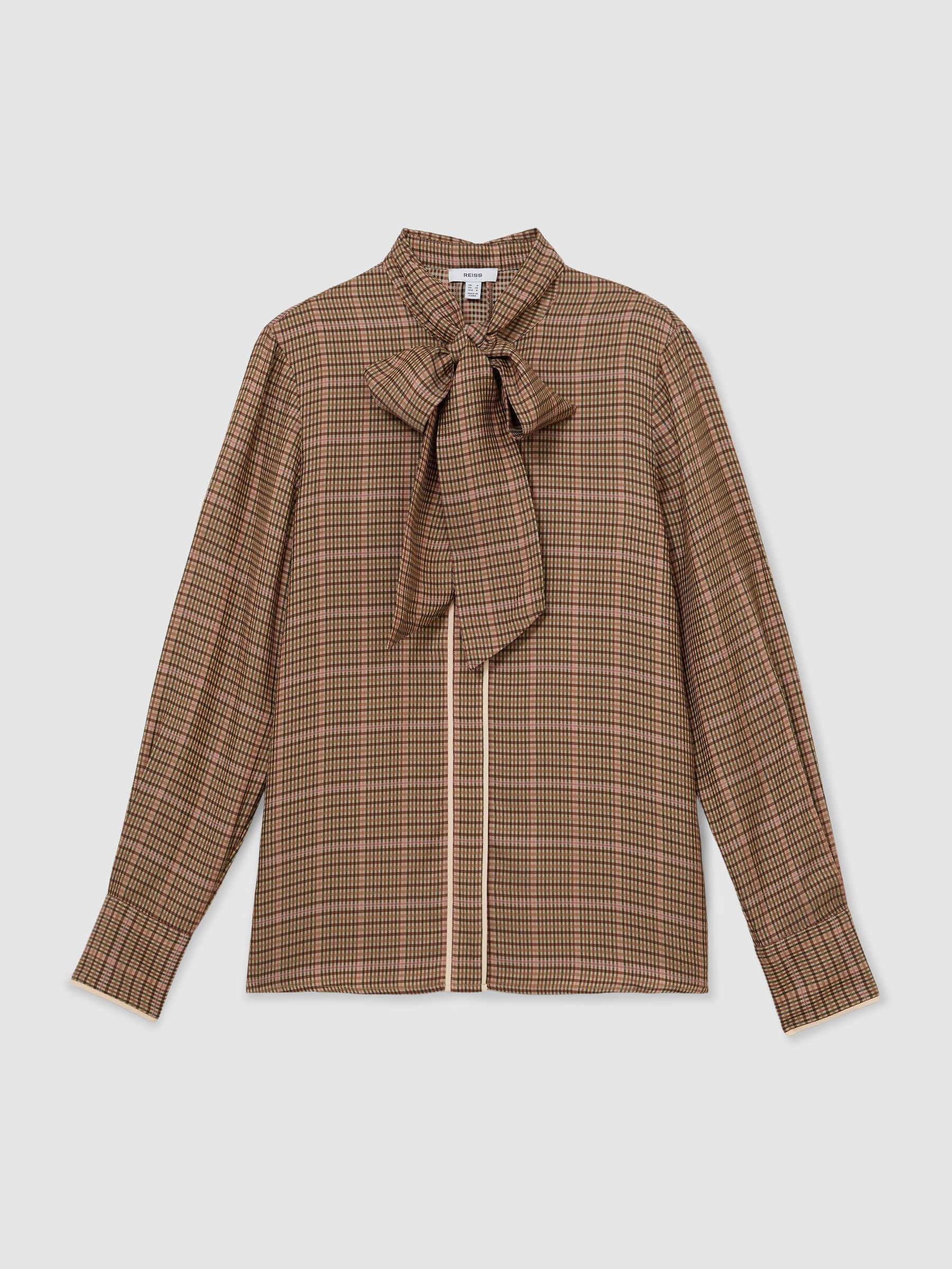 Reiss Check Tie-Neck Blouse in Neutral - REISS | Reiss UK